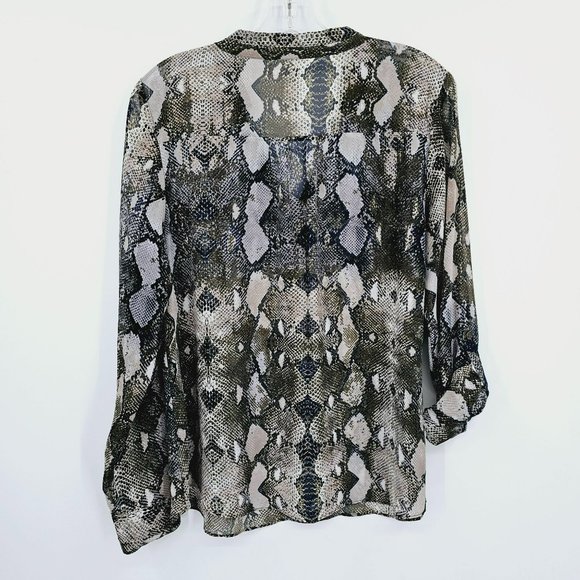 ANA A New Approach Popover Blouse L Blue Green Snake Print Semi Sheer Tab Sleeve - Picture 12 of 13